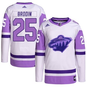 Men's Minnesota Wild Jonas Brodin Adidas Authentic Hockey Fights Cancer Primegreen Jersey - White/Purple